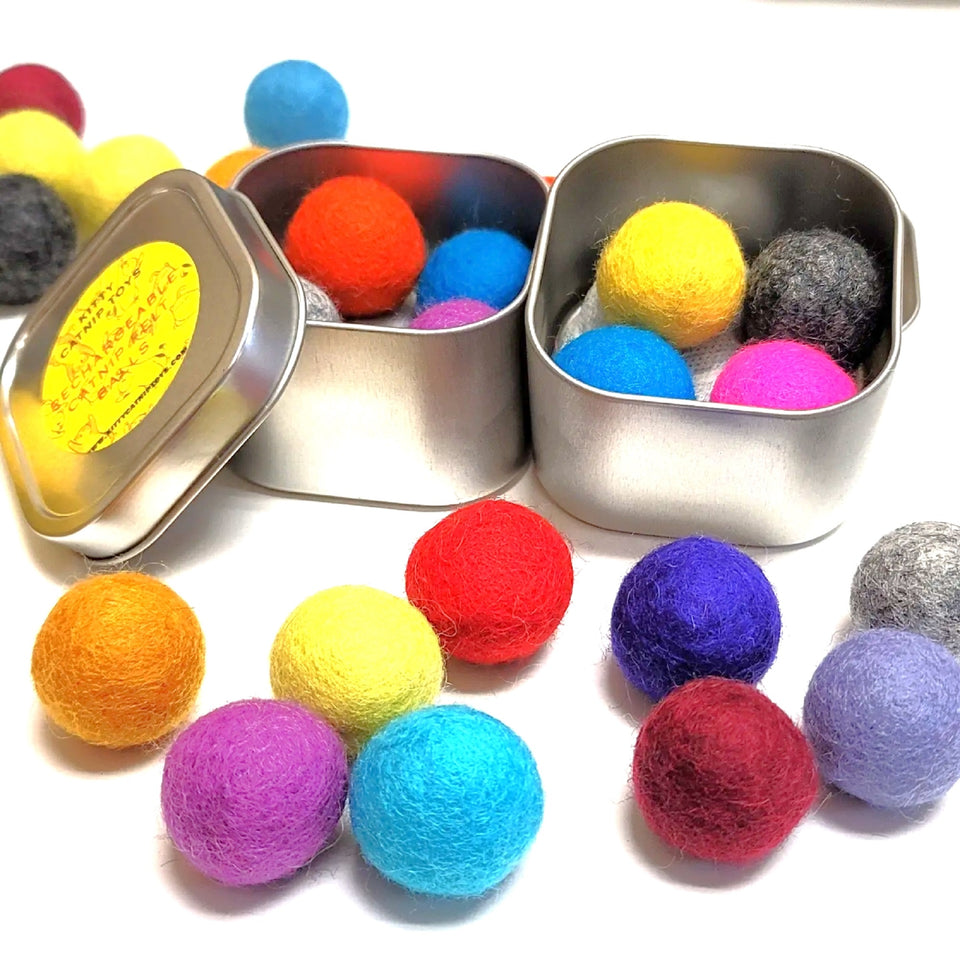 Kitty Catnip Toys - Rechargeable Catnip Tin with 4 Felt Balls (Assorted Colors) for All Cats.